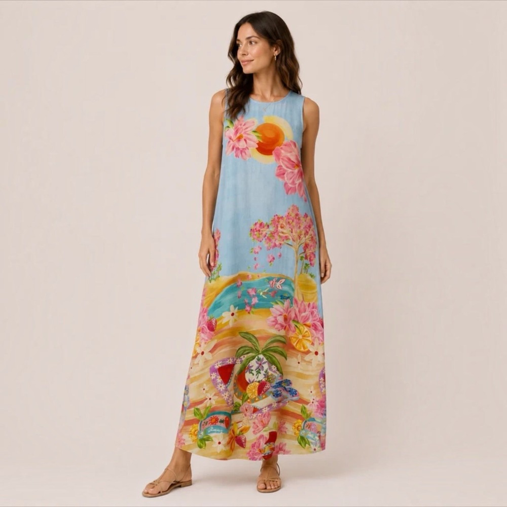 Briton Court Stephe Maxi Dress Tropical Beach Resort Print Blue Womens XS NWT